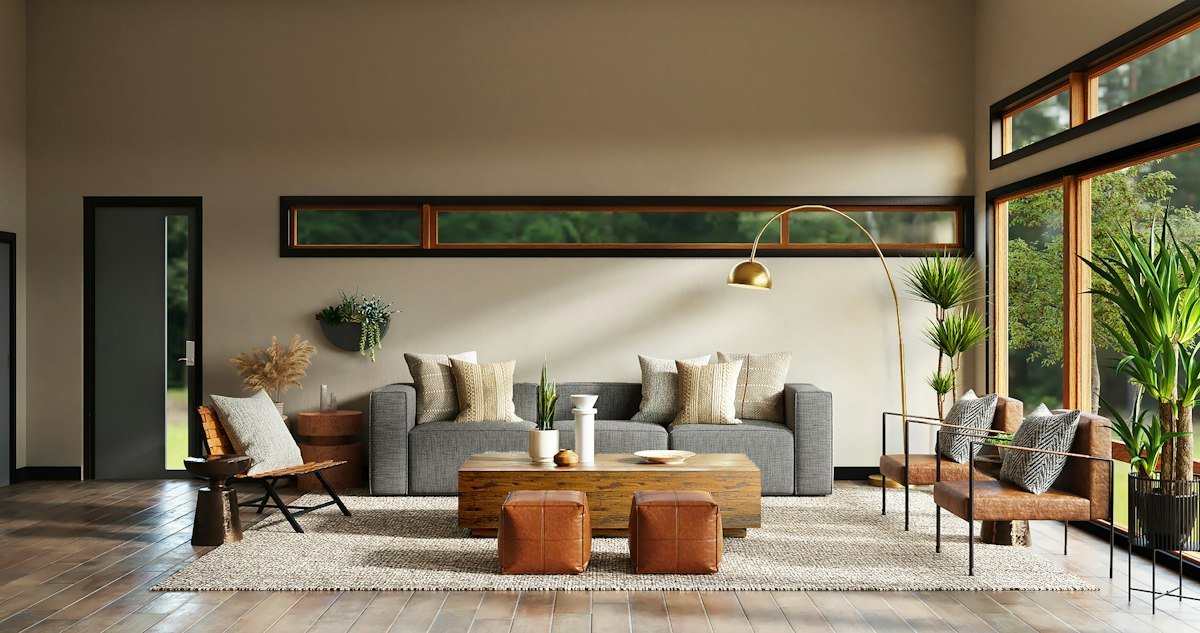 Serene interior with natural stone and directional shadows, reflecting discreet presence